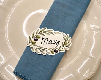 Olive Branch Place Cards | Personalized Mediterranean Wedding Place Cards | Italian Wedding Escort Cards | Olive Leaf Name Card