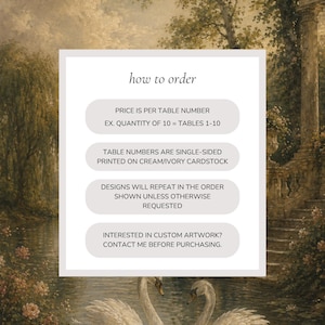 May include: A white rectangular information card with the heading how to order and four text boxes containing instructions for purchasing table numbers. The card is overlaid on a background painting of two white swans on a pond near a stone staircase.