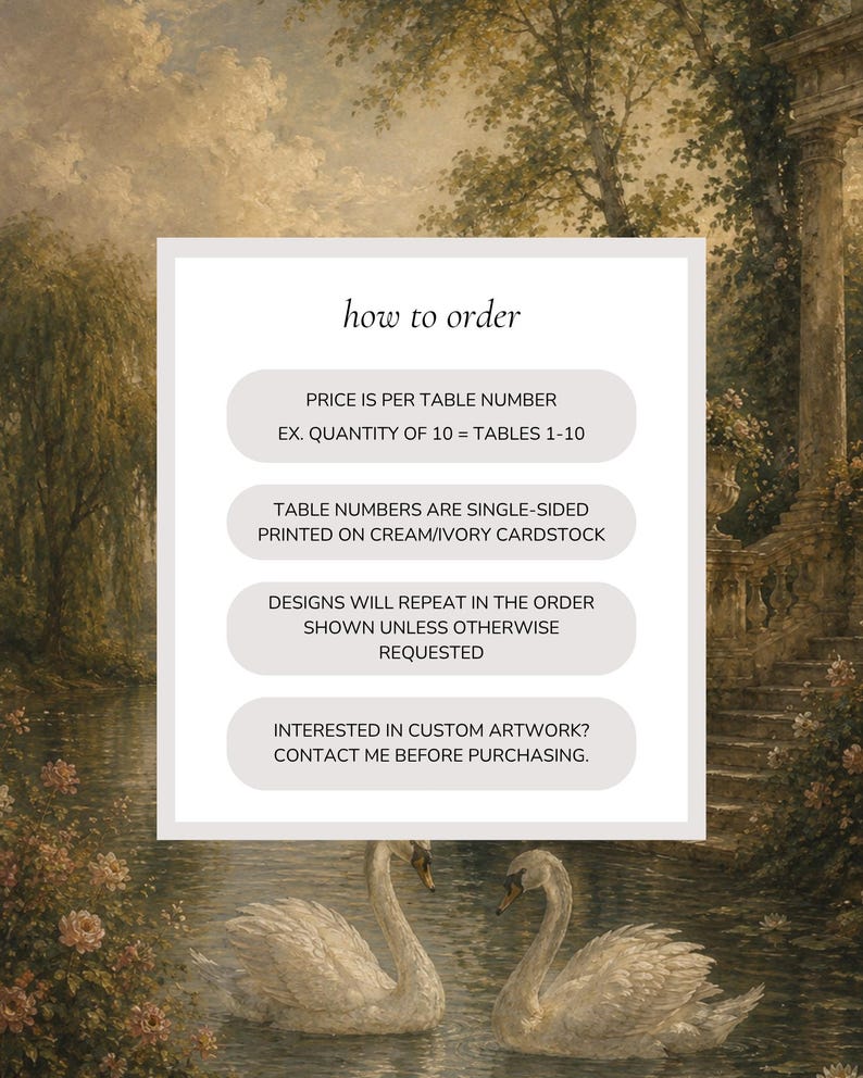 May include: A white rectangular information card with the heading how to order and four text boxes containing instructions for purchasing table numbers. The card is overlaid on a background painting of two white swans on a pond near a stone staircase.