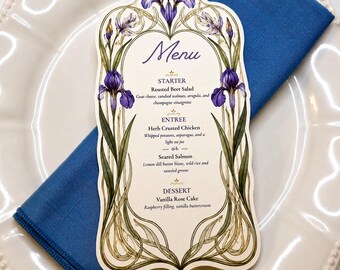 Art Nouveau Iris Wedding Menu | Purple Iris Wedding Menu | Die Cut Wedding Menu | Vintage Botanical Reception Menu