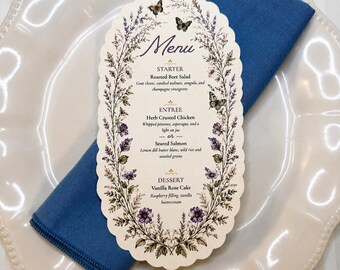 Wildflower Butterfly Wedding Menu | Scalloped Die Cut Reception Menu | Lavender Garden Menu Card | Spring & Summer Wedding Decor