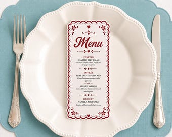 Kokette personalisierte Hochzeitsmenü | Ausgebogte Menükarte, romantisches Hochzeitsdekor
