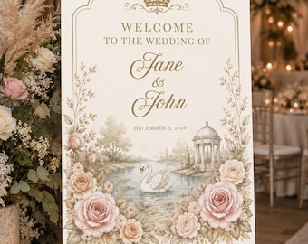 INSTANT DOWNLOAD Editable Canva Swan Lake Wedding Welcome Sign Template 16x20 | Romantic Floral Wedding Sign Download