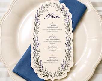 Lavender Wedding Menu | Scalloped Die Cut Menu Card | Wildflower Reception Menu | Personalized Wedding Menu | Printed Menu Cards