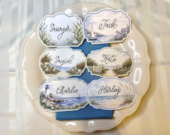 Coastal Wedding Place Cards | Personalized Beach Wedding Escort Cards | Watercolor Nautical Seating Cards | Lighthouse & Sailboat Decor