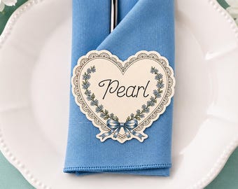 Heart Doily Blue Bow Wedding Place Card | Victorian Coquette Wedding Decor