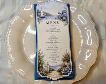 Coastal Wedding Menu Cards | Beach Wedding Menus | Nautical Reception Menu | Seaside Wedding Decor | Lighthouse Sailboat Watercolor Menu