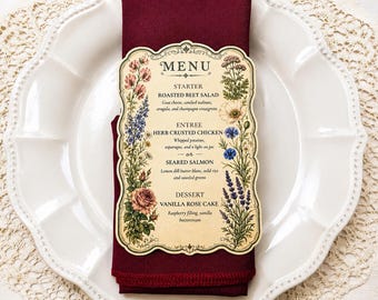 Vintage Wildflower Wedding Menu Card | English Garden Reception Menu | Botanical Wedding Place Setting | Romantic Floral Menu