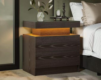 LED Nightstand with Drawers Modern White Bedside Table RGB End Table Bedroom Storage Furniture