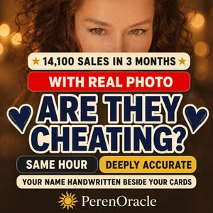 May include: A promotional graphic featuring the text 14,100 SALES IN 3 MONTHS, WITH REAL PHOTO, ARE THEY CHEATING?, SAME HOUR, DEEPLY ACCURATE, YOUR NAME HANDWRITTEN BESIDE YOUR CARDS, and the brand name PerenOracle with a sun icon, set against a dark background.