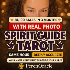 Könnte beinhalten: Eine Werbegrafik mit dem Text 14,100 SALES IN 3 MONTHS, WITH REAL PHOTO, SPIRIT GUIDE TAROT, SAME HOUR, DEEPLY ACCURATE, YOUR NAME HANDWRITTEN BESIDE YOUR CARDS sowie PerenOracle mit einem Sonnensymbol vor einem verschwommenen Hintergrund.