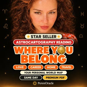 Könnte beinhalten: Eine digitale Grafik für eine Astrocartography-Lesung mit dem Titel STAR SELLER ASTROCARTOGRAPHY READING WHERE YOU BELONG. Sie zeigt eine Person mit lockigem Haar, Tierkreiszeichen und Textbeschriftungen für LOVE, CAREER, HOME, TRAVEL, YOUR PERSONAL WORLD MAP, SAME DAY, PREMIUM PDF und PerenOracle.