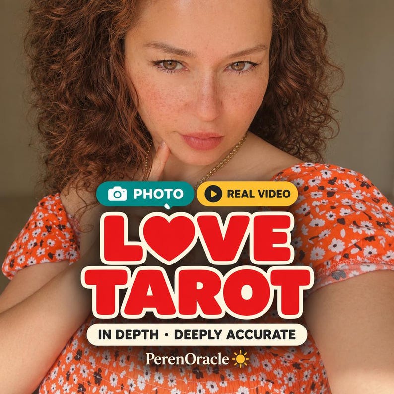 May include: A person with curly auburn hair wearing an orange top with a white floral pattern. Text overlay reads: PHOTO, REAL VIDEO, LOVE TAROT, IN DEPTH, DEEPLY ACCURATE, and PerenOracle with a sun icon. The person has freckles and light brown eyes.