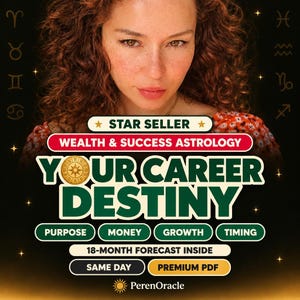 Może przedstawiać: Cyfrowa grafika przedstawiająca osobę z kręconymi kasztanowymi włosami oraz tekst STAR SELLER, WEALTH & SUCCESS ASTROLOGY, YOUR CAREER DESTINY, PURPOSE, MONEY, GROWTH, TIMING, 18-MONTH FORECAST INSIDE, SAME DAY, PREMIUM PDF oraz PerenOracle.