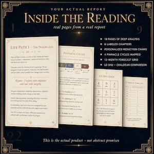 Puede incluir: Un informe impreso de varias p&aacute;ginas titulado Inside The Reading, que presenta secciones sobre Life Path 1, Pinnacle Cycles, una cuadr&iacute;cula Lo Shu y un 12-Month Forecast. El documento incluye 18 p&aacute;ginas de an&aacute;lisis, 6 cap&iacute;tulos y tablas.