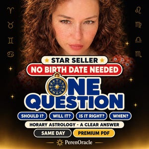 Könnte beinhalten: Eine digitale Grafik für einen Astrologie-Service mit dem Text STAR SELLER, NO BIRTH DATE NEEDED, ONE QUESTION, HORARY ASTROLOGY, A CLEAR ANSWER, SAME DAY, PREMIUM PDF und PerenOracle. Das Design enthält Tierkreiszeichen und ein Kompass-Symbol.