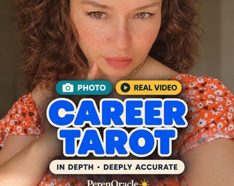 May include: A person with curly auburn hair wearing an orange floral top. Text overlay reads: PHOTO, REAL VIDEO, CAREER TAROT, IN DEPTH • DEEPLY ACCURATE, and PerenOracle with a sun icon. The person has freckles and is looking directly at the camera.