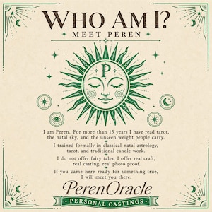 Op de afbeelding: Een beige poster met groene accenten en tekst. De kop luidt "WHO AM I? MEET PEREN." Een groene zon met een gezicht staat in het midden. De tekst beschrijft tarot lezen en persoonlijke castings.