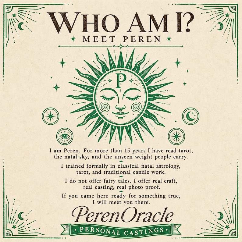 Op de afbeelding: Een beige poster met groene accenten en tekst. De kop luidt "WHO AM I? MEET PEREN." Een groene zon met een gezicht staat in het midden. De tekst beschrijft tarot lezen en persoonlijke castings.