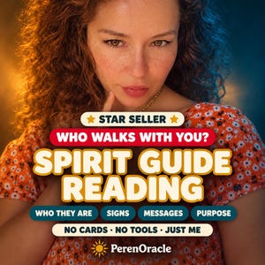 May include: A person with curly hair wearing an orange floral top. Text reads: STAR SELLER, WHO WALKS WITH YOU? SPIRIT GUIDE READING, WHO THEY ARE, SIGNS, MESSAGES, PURPOSE, NO CARDS, NO TOOLS, JUST ME, and PerenOracle with a sun icon.