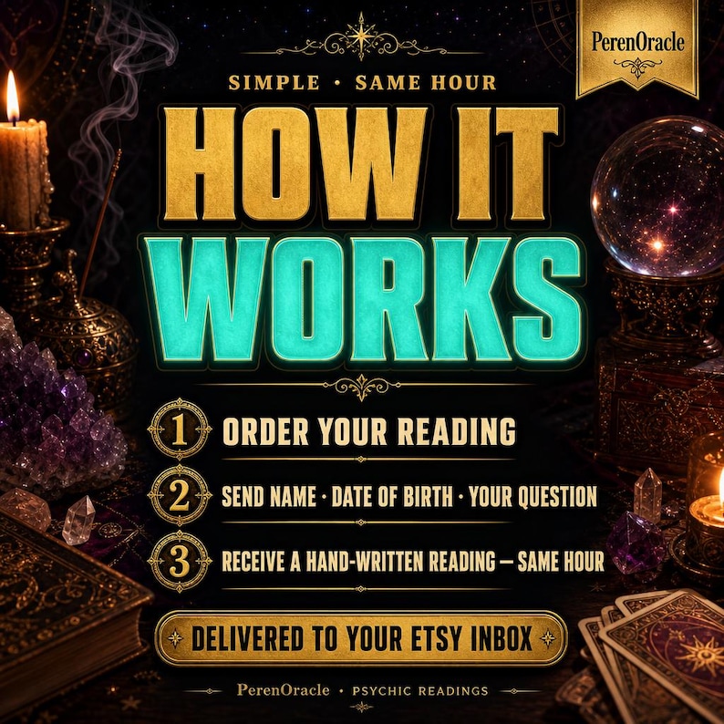 Op de afbeelding: Een digitale afbeelding met de titel HOW IT WORKS in goudkleurige en turquoise letters op een donkere achtergrond. Het toont drie stappen: 1. ORDER YOUR READING, 2. SEND NAME, DATE OF BIRTH, YOUR QUESTION, 3. RECEIVE A HAND-WRITTEN READING - SAME HOUR. PerenOracle merknaam.