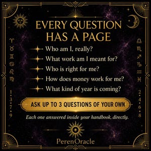 May include: A black rectangular graphic with gold celestial borders and zodiac symbols. The text reads: EVERY QUESTION HAS A PAGE, followed by five questions, ASK UP TO 3 QUESTIONS OF YOUR OWN, and Each one answered inside your handbook, directly. PerenOracle.