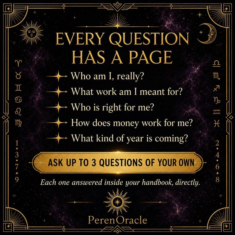 May include: A black rectangular graphic with gold celestial borders and zodiac symbols. The text reads: EVERY QUESTION HAS A PAGE, followed by five questions, ASK UP TO 3 QUESTIONS OF YOUR OWN, and Each one answered inside your handbook, directly. PerenOracle.