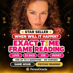 Może przedstawiać: Cyfrowa grafika dla usługi czytania psychicznego z tekstem STAR SELLER, WHEN WILL IT HAPPEN?, EXACT TIME FRAME READING, LOVE, EX BACK, JOB, MONEY, ASK UP TO 5 QUESTIONS, NO GUESSES, SAME HOUR, PSYCHIC READING oraz PerenOracle.