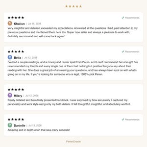 May include: A digital display of four customer reviews for PerenOracle, each featuring five stars, a recommendation checkmark, a reviewer name, a date, and text praising the detailed, insightful, and accurate nature of the services provided.