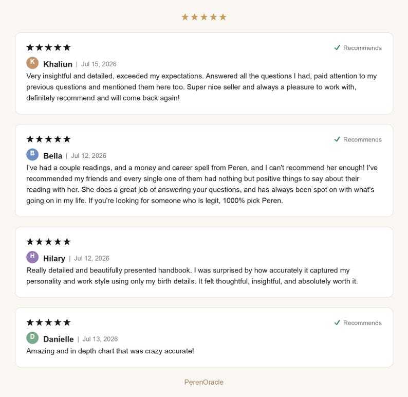 May include: A digital display of four customer reviews for PerenOracle, each featuring five stars, a recommendation checkmark, a reviewer name, a date, and text praising the detailed, insightful, and accurate nature of the services provided.