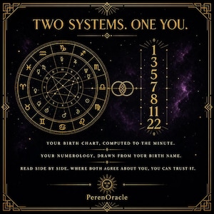 May include: A black graphic featuring gold text and symbols. The top reads TWO SYSTEMS. ONE YOU. On the left is a circular astrological birth chart. On the right is a vertical list of numbers: 1, 3, 5, 7, 8, 11, 22. Below is text about birth charts and numerology, ending with PerenOracle.
