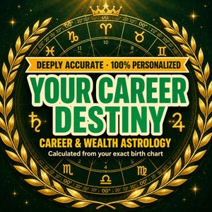 May include: A circular graphic featuring a golden laurel wreath border surrounding an astrological chart. The text reads DEEPLY ACCURATE 100% PERSONALIZED, YOUR CAREER DESTINY, CAREER & WEALTH ASTROLOGY, and Calculated from your exact birth chart.