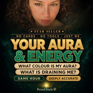 Peut inclure: Un graphique numérique montrant le visage d'une personne au-dessus du texte STAR SELLER, NO CARDS NO TOOLS JUST ME, YOUR AURA & ENERGY, WHAT COLOUR IS MY AURA?, WHAT IS DRAINING ME?, SAME HOUR, DEEPLY ACCURATE et le nom de marque PerenOracle.