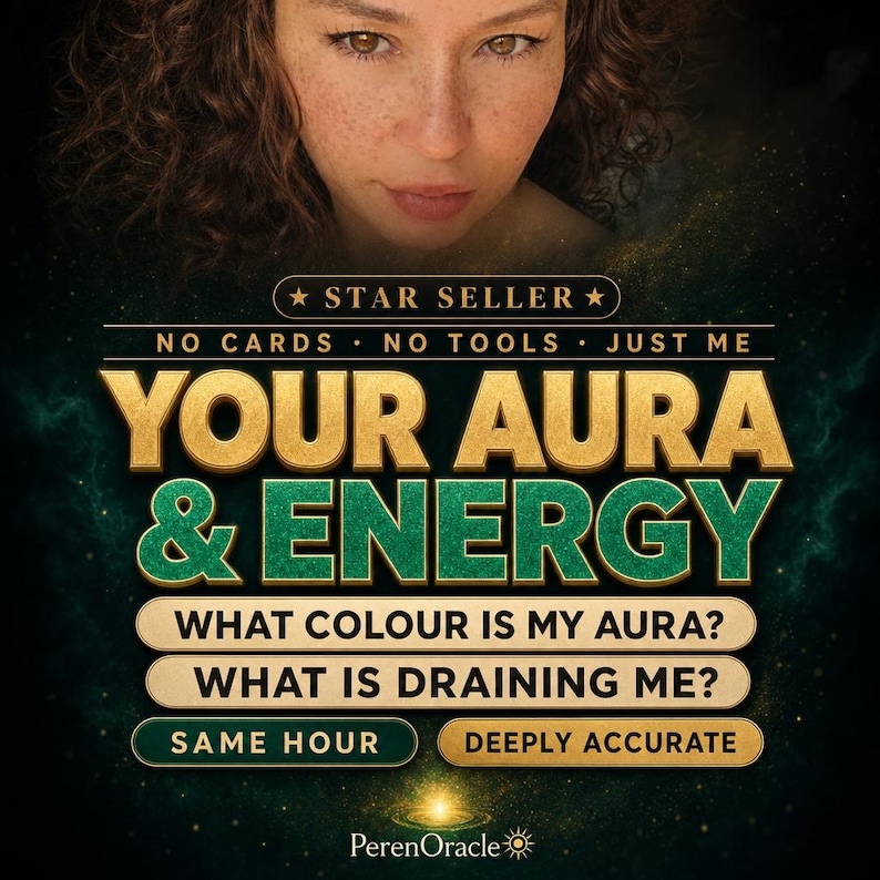 Op de afbeelding: Een digitale afbeelding met het gezicht van een persoon boven de tekst STAR SELLER, NO CARDS NO TOOLS JUST ME, YOUR AURA & ENERGY, WHAT COLOUR IS MY AURA?, WHAT IS DRAINING ME?, SAME HOUR, DEEPLY ACCURATE en de merknaam PerenOracle.