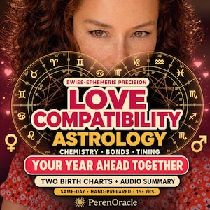 Puede incluir: Anuncio de servicios de astrología. El rostro de una mujer es parcialmente visible detrás de un diseño en forma de corazón con símbolos astrológicos. El texto dice "LOVE COMPATIBILITY ASTROLOGY" y "YOUR YEAR AHEAD TOGETHER".