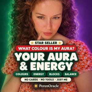 Könnte beinhalten: Eine Person mit lockigem Haar trägt ein orangefarbenes Oberteil mit Blumenmuster. Der Text lautet: STAR SELLER, WHAT COLOUR IS MY AURA?, YOUR AURA & ENERGY, COLOURS, ENERGY, BLOCKS, BALANCE, NO CARDS, NO TOOLS, JUST ME und PerenOracle.