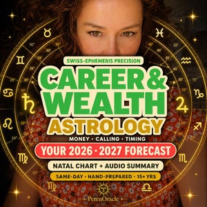 Puede incluir: Gráfico promocional de astrología con el texto "CAREER & WEALTH ASTROLOGY" en verde y dorado. La imagen incluye símbolos del zodiaco y el texto "YOUR 2026-2027 FORECAST". Una mujer con cabello rizado está en el fondo.