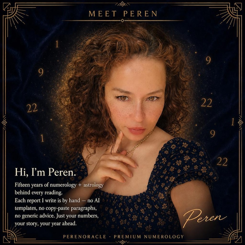 Puede incluir: Un retrato de una persona con cabello casta&ntilde;o rizado que viste una blusa azul oscuro con estampado floral. El texto dice: MEET PEREN, Hi, I'm Peren. Fifteen years of numerology + astrology behind every reading. Each report I write is by hand. PERENORACLE.
