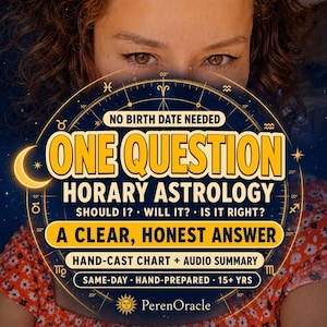 Pode incluir: Imagem promocional para serviços de astrologia horária. A imagem apresenta o texto "ONE QUESTION" em letras grandes, juntamente com "HORARY ASTROLOGY" e "A CLEAR, HONEST ANSWER". Inclui também símbolos astrológicos e a frase "NO BIRTH DATE NEEDED". A imagem tem um esquema de cores azul escuro e dourado.