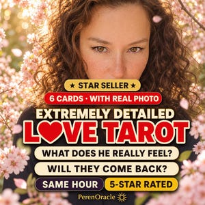以下が含まれることがあります： Extremely Detailed Love Tarotと題された6枚のカードセット。Star Seller、What Does He Really Feel?、Will They Come Back?、Same Hour、5-Star Rated、PerenOracleという文字が記載されています。カードには巻き毛の人物が描かれています。