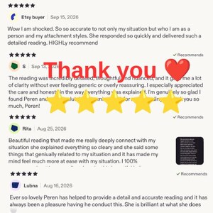 May include: A collection of four five-star customer reviews for a reading service. The text includes feedback from Etsy buyers, dates, and the phrase Thank you with a red heart icon and five yellow stars overlaid on the center of the image.