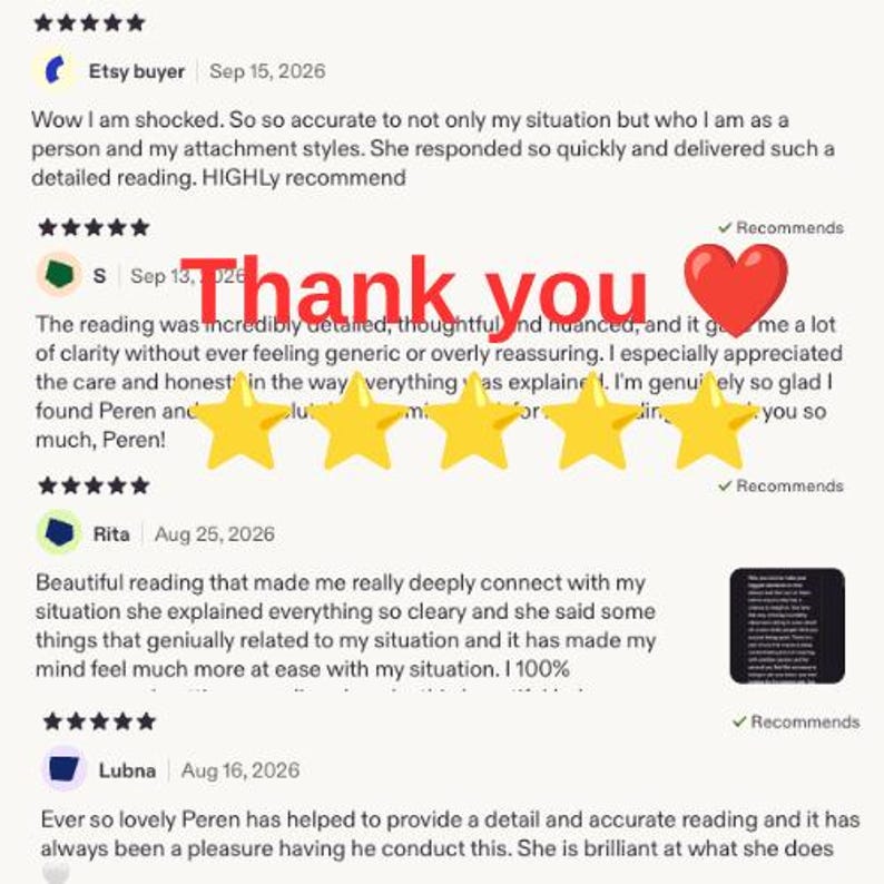 May include: A collection of four five-star customer reviews for a reading service. The text includes feedback from Etsy buyers, dates, and the phrase Thank you with a red heart icon and five yellow stars overlaid on the center of the image.