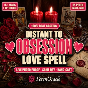 May include: An advertisement for a love spell, featuring two lit red candles, tarot cards, roses, and a key. The text reads "Distant to Obsession Love Spell" with additional text: "15+ Years Experience", "100% Real Casting", and "Live Photo Proof - Same Day - Hand-Cast".