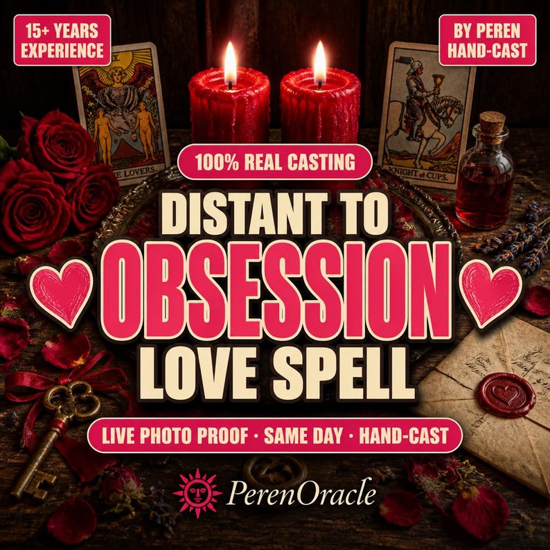 Puede incluir: Anuncio de un hechizo de amor con dos velas rojas encendidas, cartas del tarot, rosas y una llave. El texto dice "Distant to Obsession Love Spell" con "15+ Years Experience", "100% Real Casting" y "Live Photo Proof - Same Day - Hand-Cast".