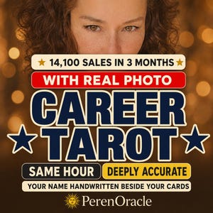 May include: A promotional graphic for Career Tarot services featuring the text 14,100 SALES IN 3 MONTHS, WITH REAL PHOTO, CAREER TAROT, SAME HOUR, DEEPLY ACCURATE, YOUR NAME HANDWRITTEN BESIDE YOUR CARDS, and the brand name PerenOracle with a sun icon.