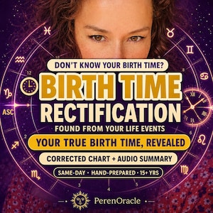 May include: A purple promotional graphic with a woman's eyes and text. The text says "Birth Time Rectification" and "Your True Birth Time, Revealed." Additional text includes "Corrected Chart + Audio Summary" and "Same-Day Hand-Prepared 15+ Yrs."