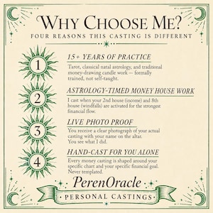 Op de afbeelding: Een vierkante, cr&egrave;mekleurige afbeelding met groene accenten en tekst. De tekst luidt "WHY CHOOSE ME?" en geeft vier redenen om een castingdienst te kiezen, waaronder "15+ YEARS OF PRACTICE" en "LIVE PHOTO PROOF."