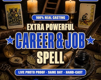 May include: An advertisement for a career and job spell. The image features tarot cards, candles, a compass, a key, and an inkwell. Text includes "15+ Years Experience", "100% Real Casting", and "Live Photo Proof".