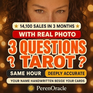 May include: A promotional graphic featuring the text 14,100 SALES IN 3 MONTHS WITH REAL PHOTO 3 QUESTIONS TAROT SAME HOUR DEEPLY ACCURATE YOUR NAME HANDWRITTEN BESIDE YOUR CARDS and PerenOracle with a sun icon, set against a blurred background.