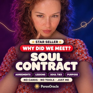 Puede incluir: Una persona con cabello rojo rizado viste una blusa roja con estampado floral. Los textos superpuestos dicen: STAR SELLER, WHY DID WE MEET? SOUL CONTRACT, AGREEMENTS, LESSONS, SOUL TIES, PURPOSE, NO CARDS, NO TOOLS, JUST ME, y PerenOracle con un icono de sol.